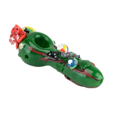 Empire Glassworks Spoon Pipe featuring colorful garden critters on green borosilicate glass, side view.