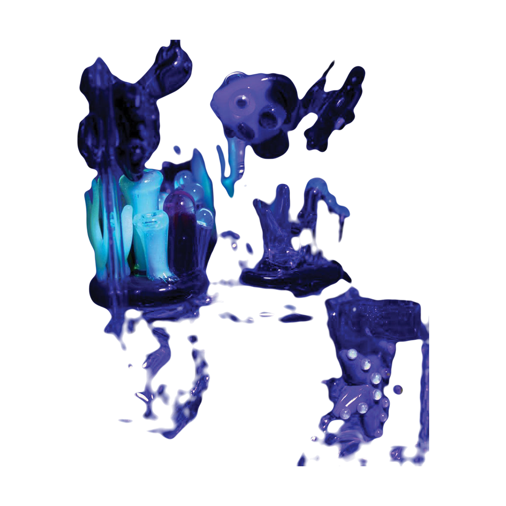 Empire Glassworks Recycler Rig glowing under UV light, showcasing intricate undersea design details.