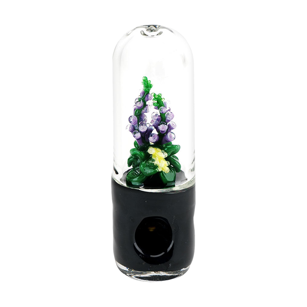 Empire Glassworks UV Reactive Dry Pipe with Purple Foxglove Design, Compact 4.5" Borosilicate Glass, Front View