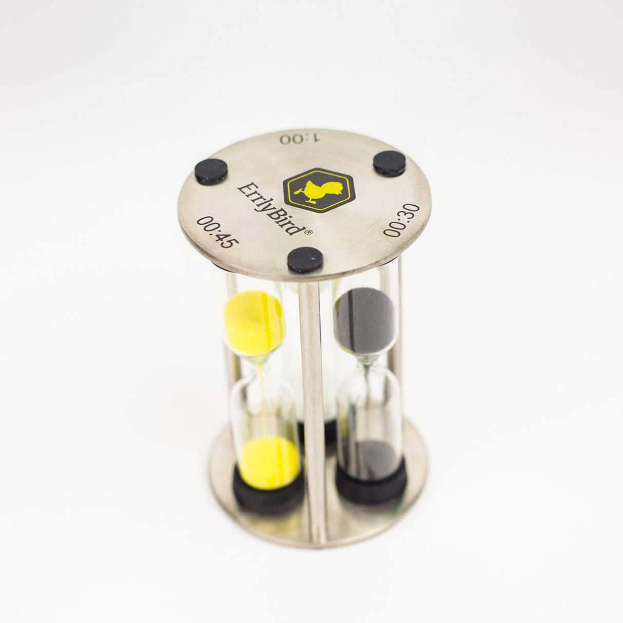 ErrlyBird steel 3 in 1 sand timer & carb cap for dab rigs, front view on white background