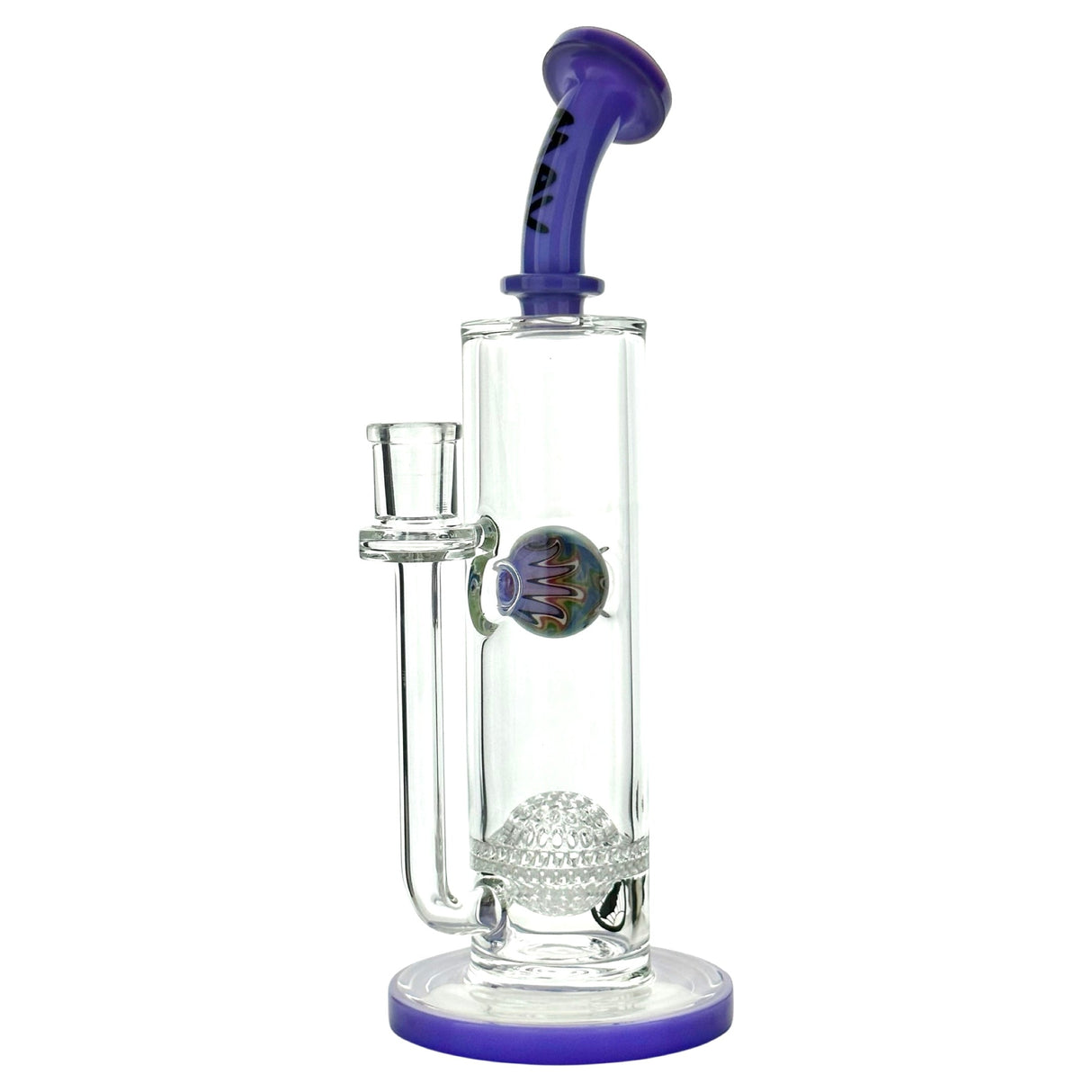 MAV Glass 12" Honeyball Bent Neck Bong in Purple with Wig Wag Splash, Front View