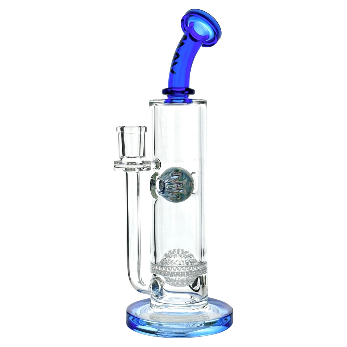 MAV Glass 12" Blue Honeyball Bent Neck Bong with Wig Wag Splash, Front View