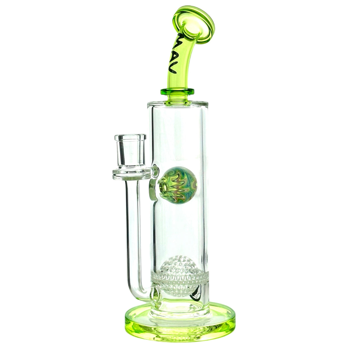 MAV Glass Eureka Honeyball Bent Neck Bong with Wig Wag Splash Ball, Front View