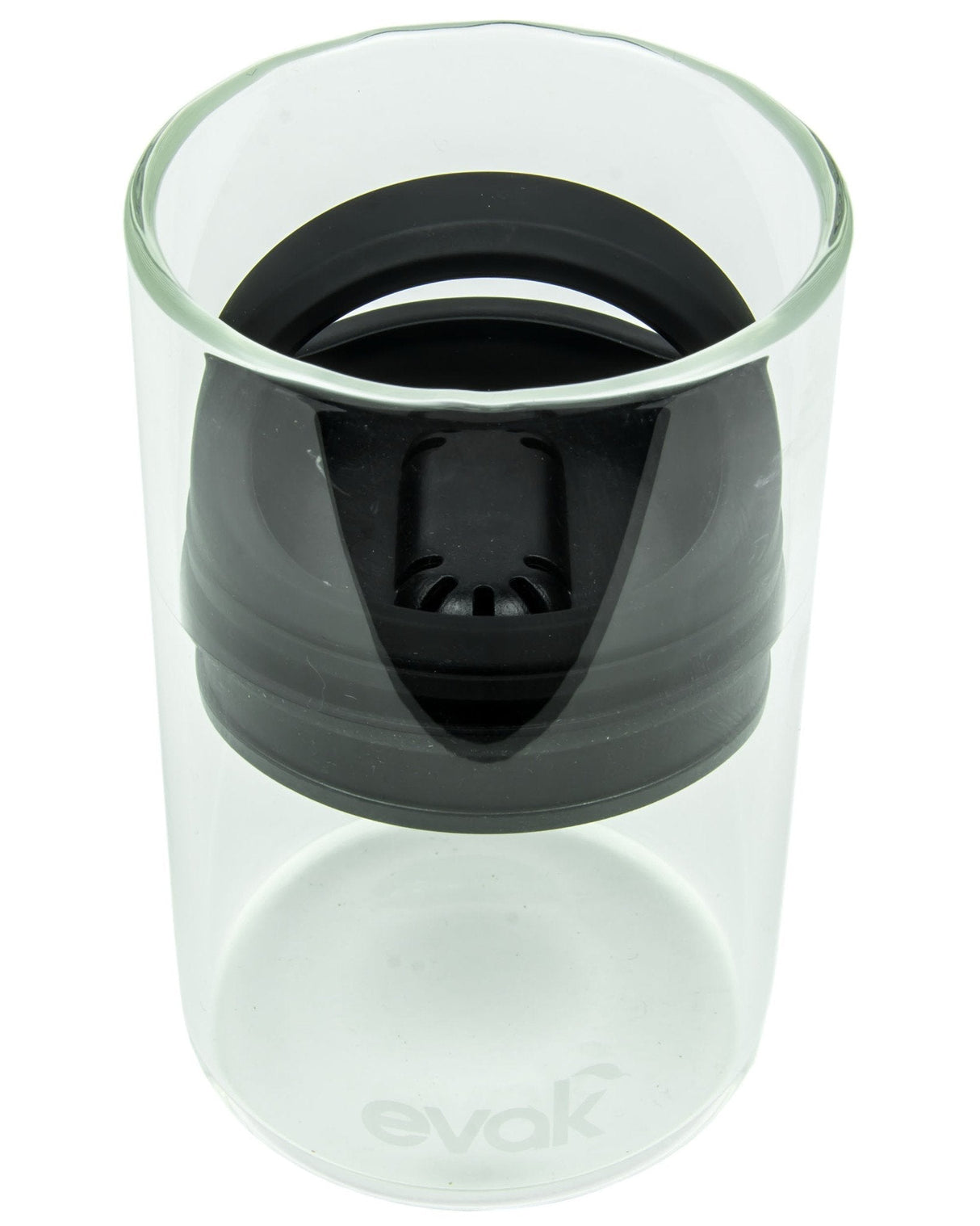 Prepara Evak Mini Black Valve-Sealed Airtight Stash Jar, Clear Borosilicate Glass, Front View