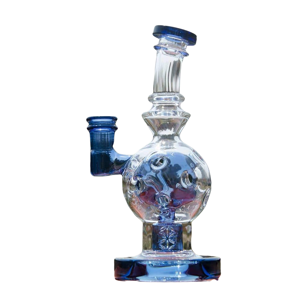 Calibear EXOSPHERE Dab Rig with Seed of Life Perc in Blue, front view on natural backdrop