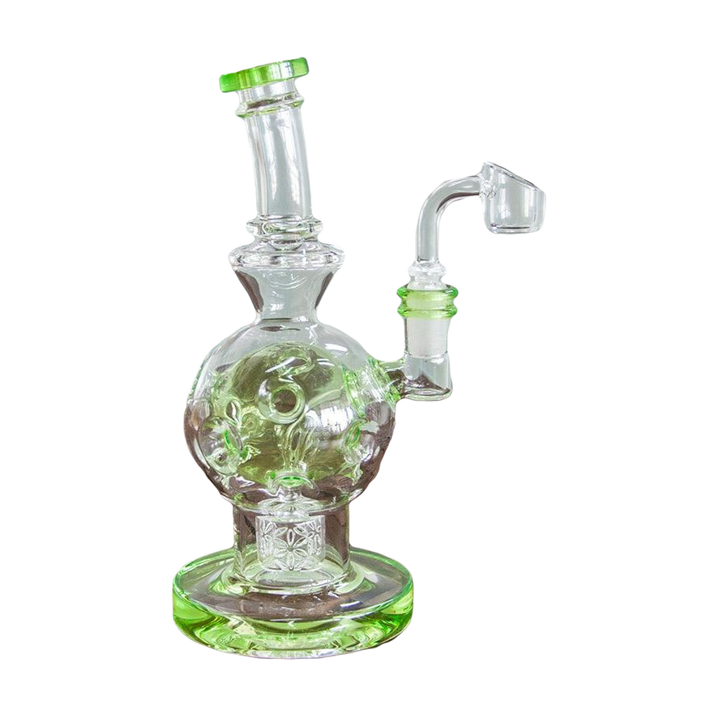Calibear EXOSPHERE Dab Rig with Seed of Life Perc, green accents, side view on wooden surface