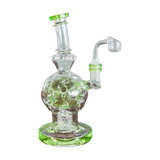 Calibear EXOSPHERE Dab Rig with Seed of Life Perc, green accents, side view on wooden surface