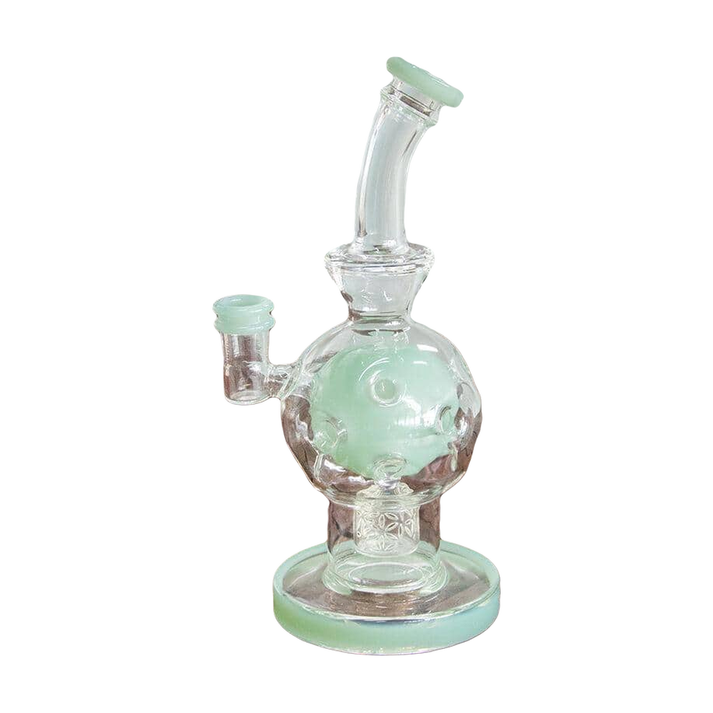 Calibear Jade Green EXOSPHERE Dab Rig with Seed of Life Perc, 14mm Joint, Side View on Wooden Surface
