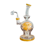 Calibear EXOSPHERE Dab Rig in Mango, with Seed of Life Perc, side view on wooden surface