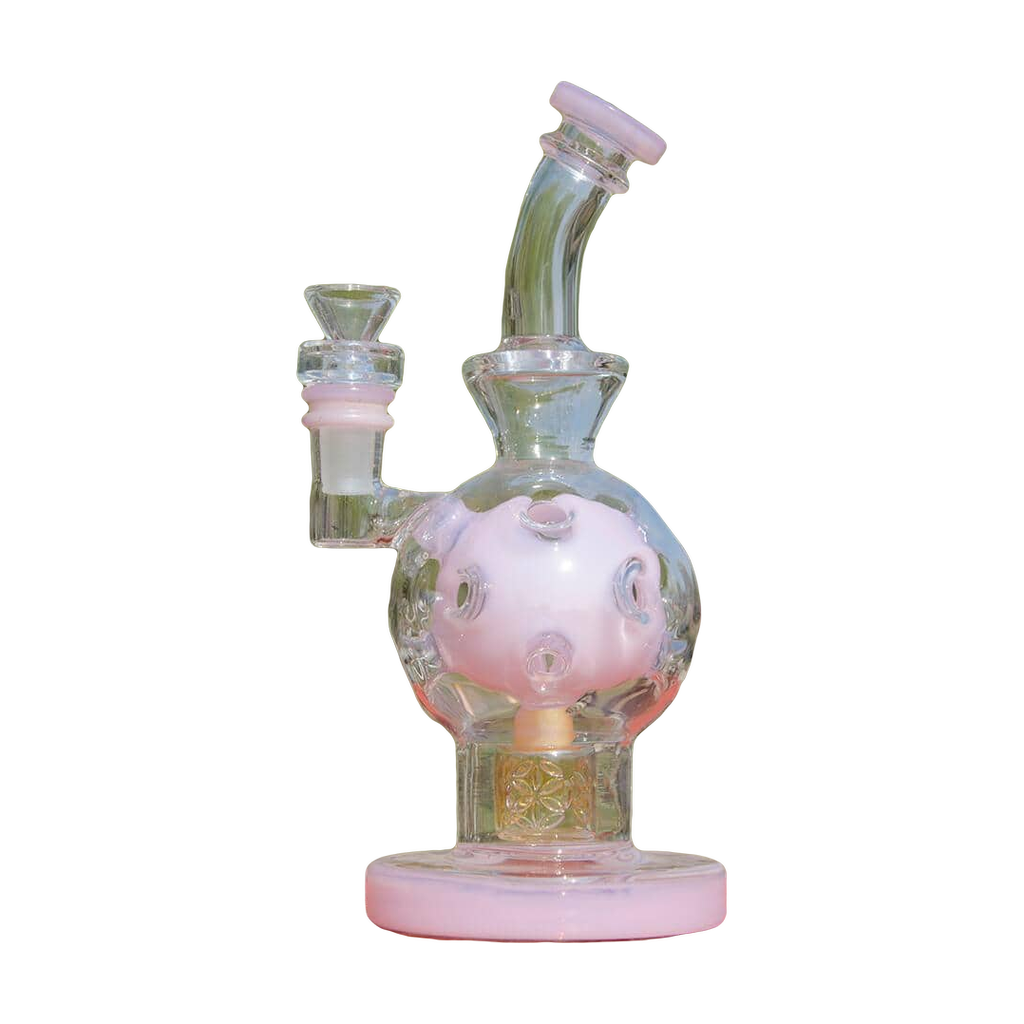 Calibear EXOSPHERE Dab Rig in Milky Pink with Seed of Life Perc, 8 Inch, Front View on Outdoor Table