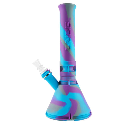 Eyce Beaker in purple silicone with swirl design, front view on a white background, durable and easy to clean