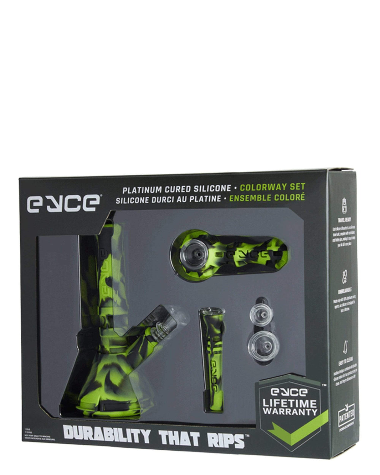 Eyce Colorway Boxed Set featuring silicone smoking accessories in green with black accents, front view.