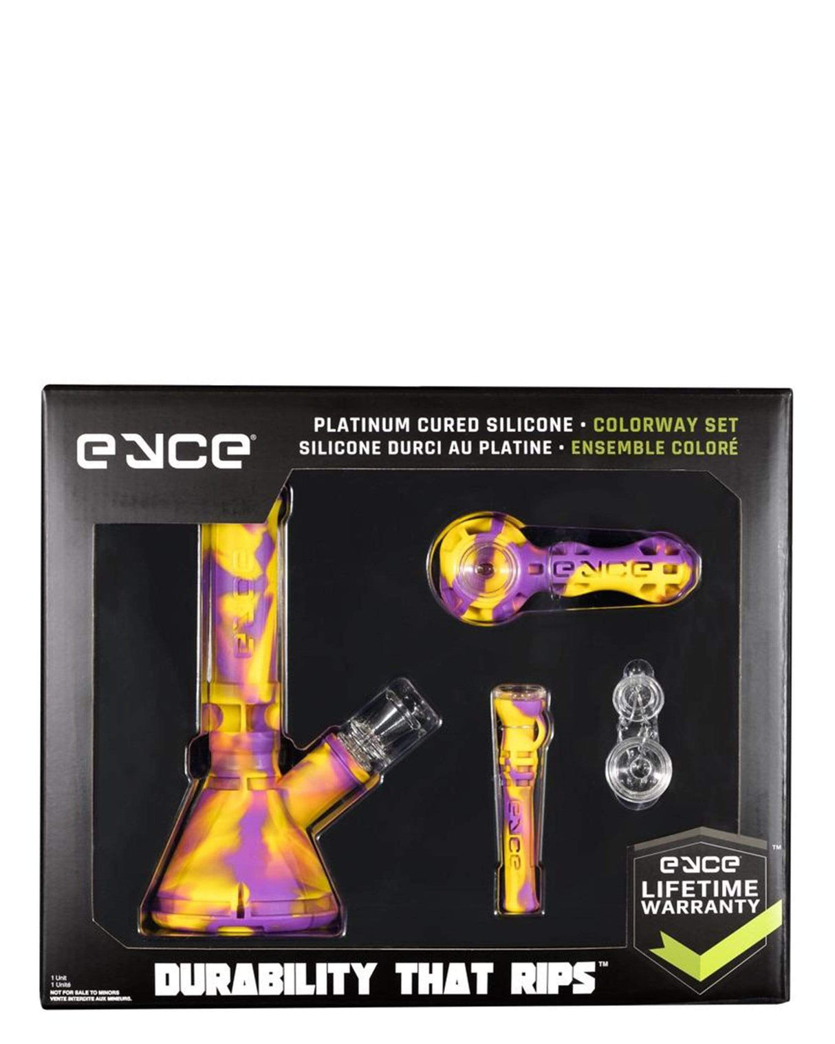 Eyce Colorway Boxed Set featuring Silicone Bong, Pipe, and Accessories in Vibrant Yellow and Purple