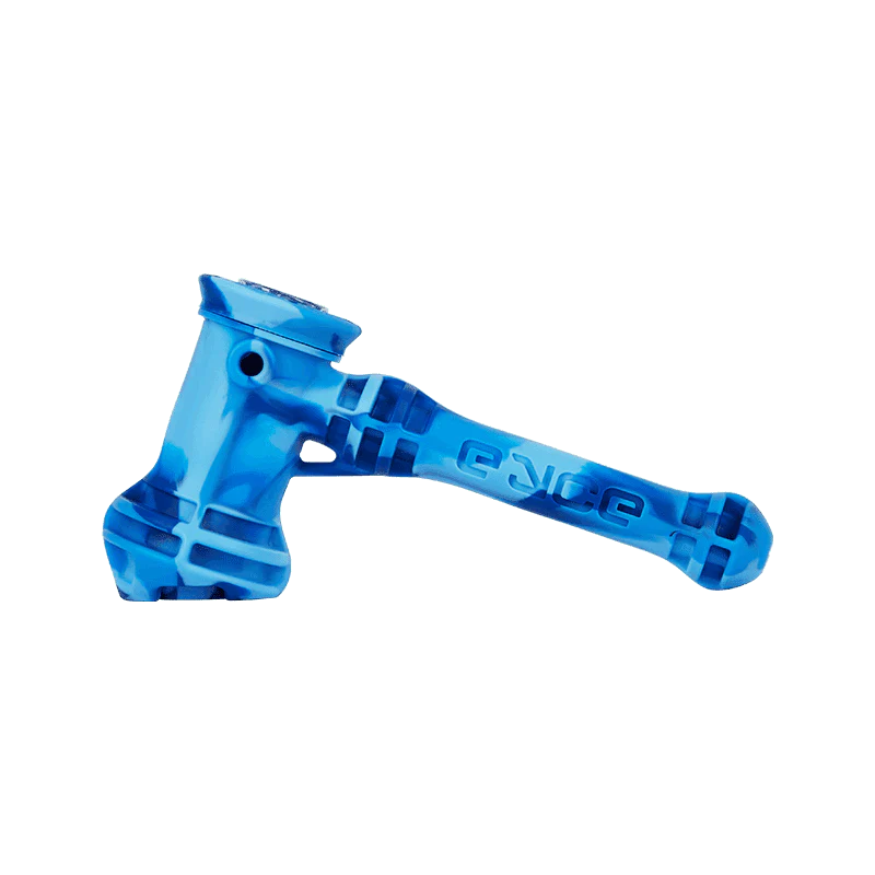 Eyce Hammer bubbler in Blumarble, compact silicone design with steel accents, side view