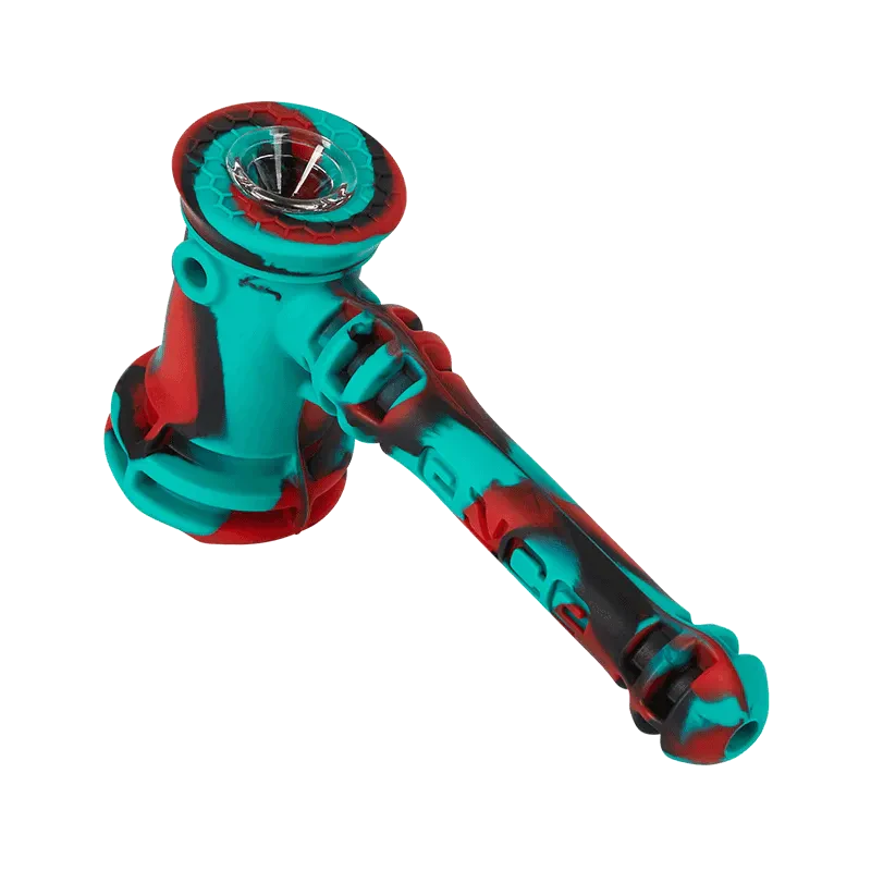 Eyce Hammer Bubbler in Coral Snake design, angled view showcasing its silicone body and steel bowl