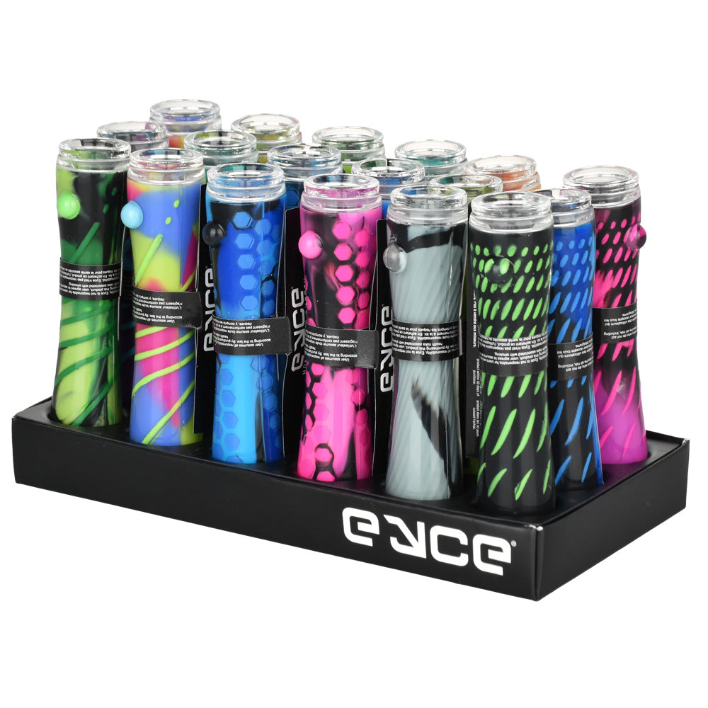 Assorted Eyce Oraflex Shorty Chillums display, durable silicone hand pipes in vibrant designs