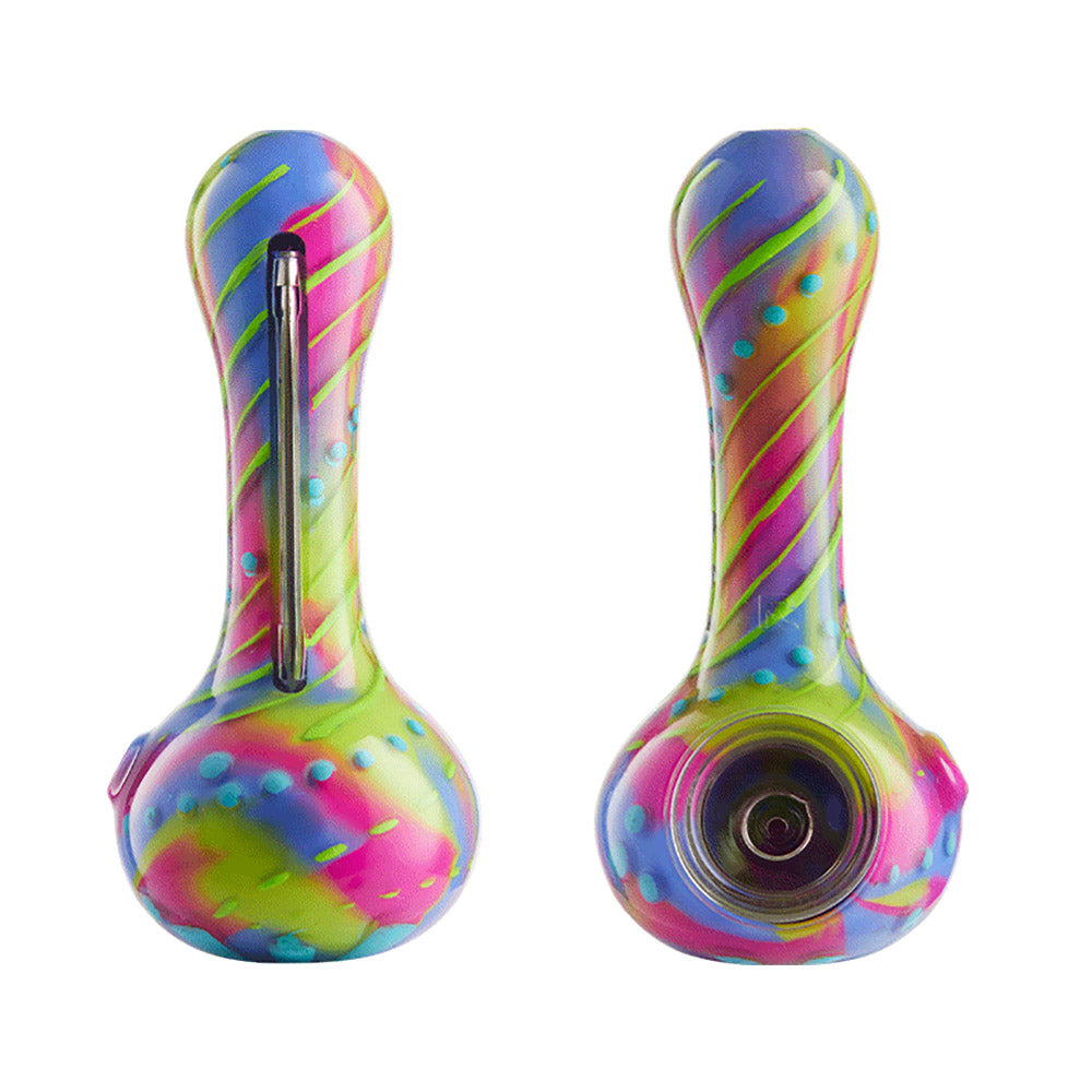 Eyce Oraflex Spoon Pipes 10 Pack, Assorted Colors, Front and Side Views, 4" Silicone