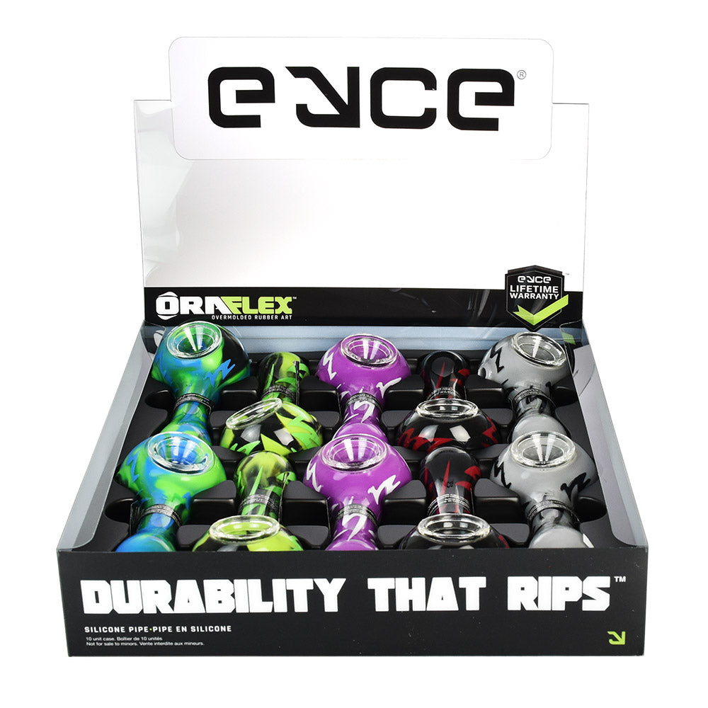 Eyce Oraflex Spoon Pipe 10-Pack in assorted colors displayed in box, durable silicone design, 4" length