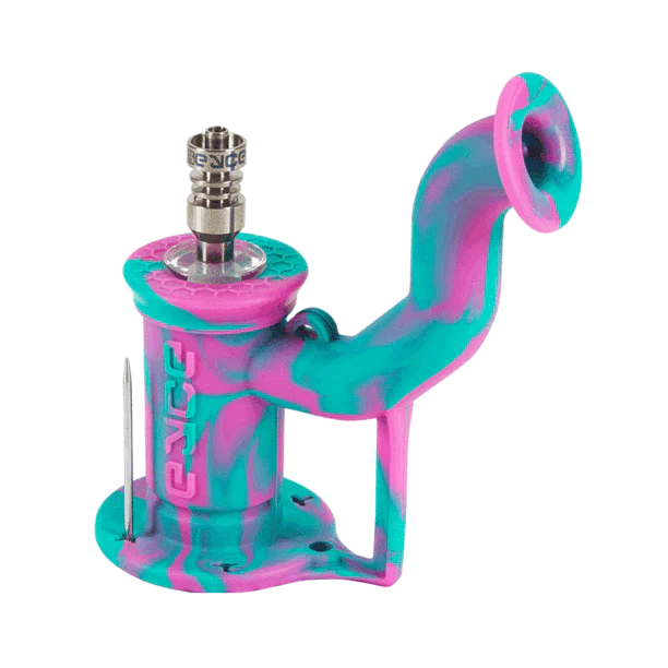 Eyce Rig II in Coral Reef, compact silicone dab rig with titanium nail, 90-degree joint angle