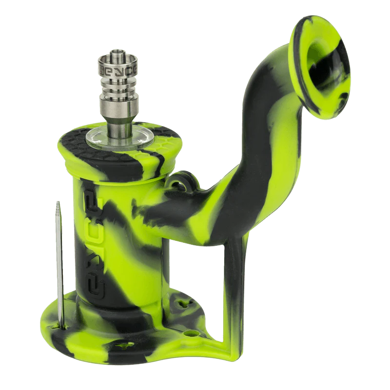Eyce Rig II silicone dab rig in Creatrgrn, 90 degree joint, side view, portable design