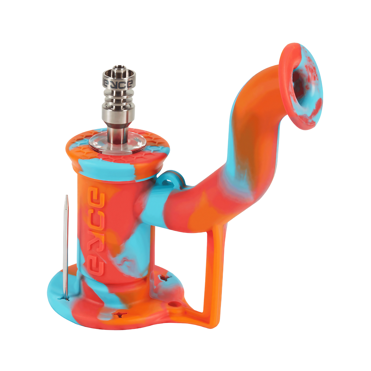 Eyce Rig II in Fuego color variant, a portable silicone dab rig with titanium nail, angled at 90 degrees