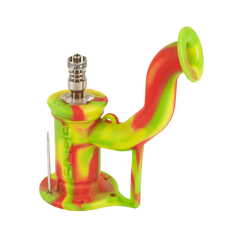 Eyce Rig II in Rasta colors, portable silicone dab rig with titanium nail, 90-degree joint, side view