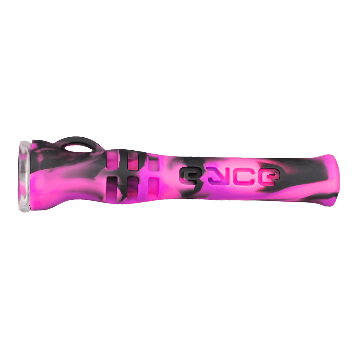 Eyce Shorty Taster in vibrant pink silicone, portable one-hitter pipe, side view on white background