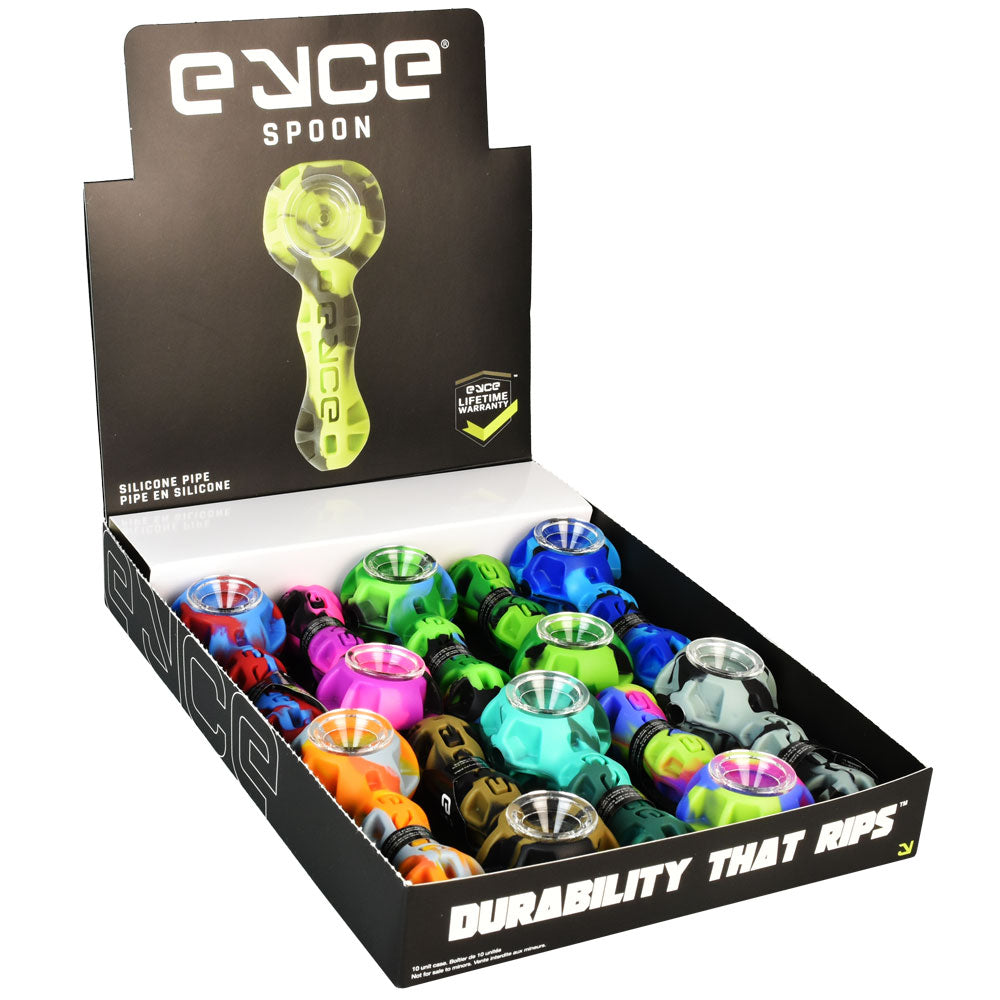 EYCE Silicone Spoon Pipes in assorted colors displayed in a 10 pack box, front view, ideal for travel