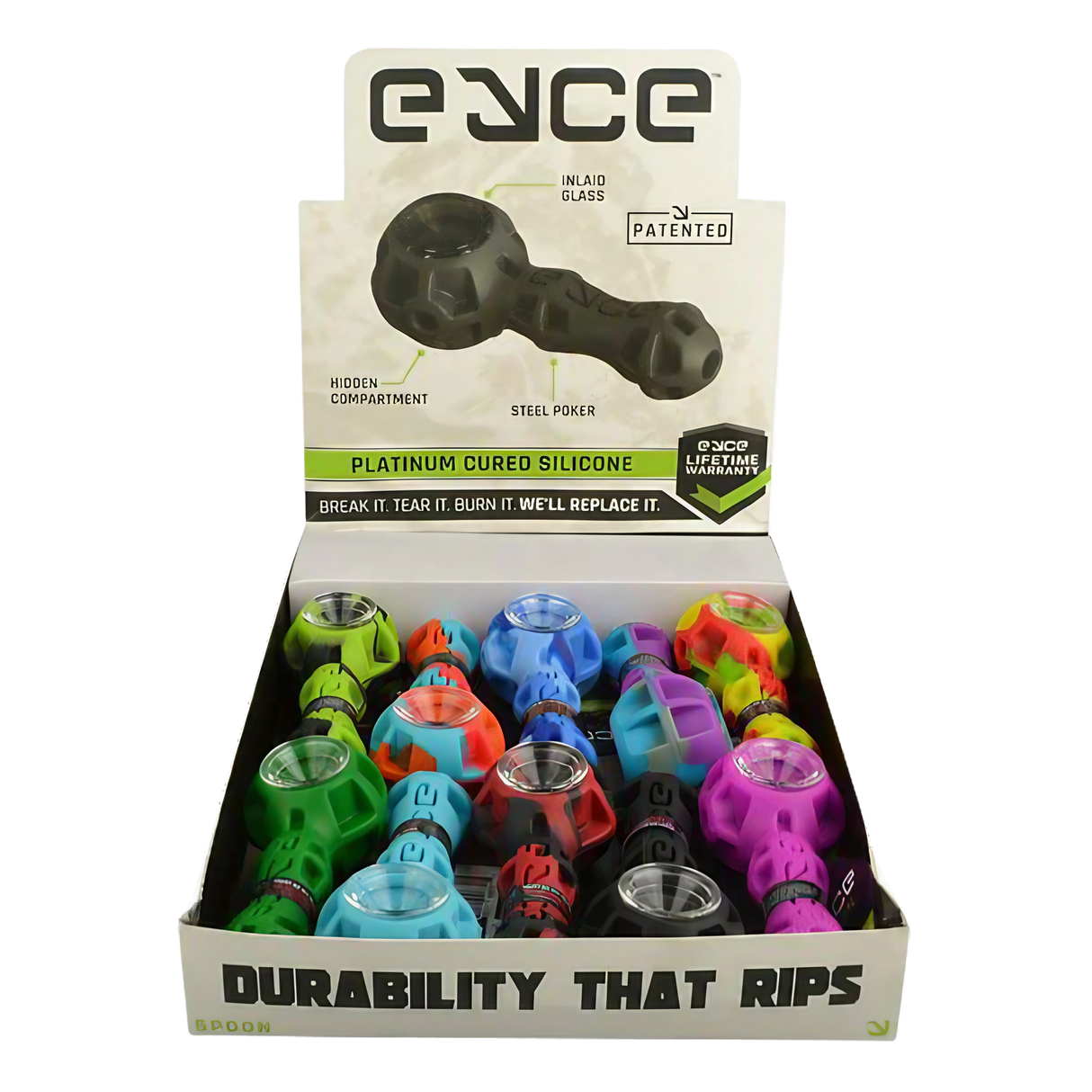 EYCE Silicone Spoon Pipes in assorted colors displayed in a 10 pack box, front view with branding