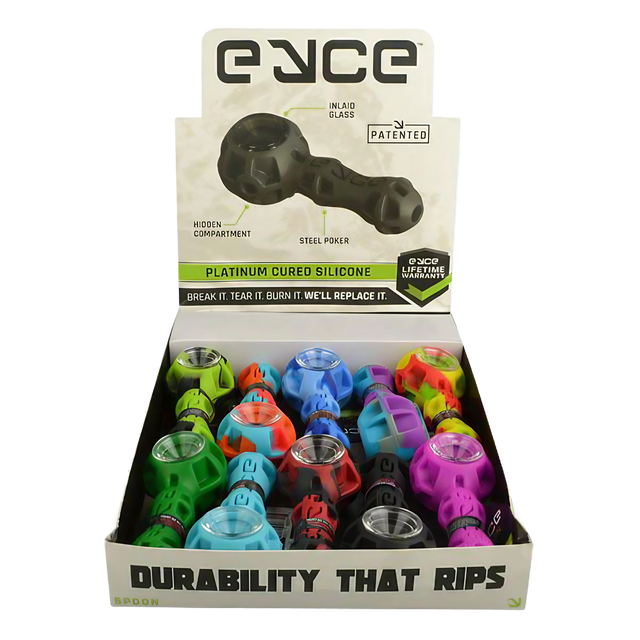 EYCE Silicone Spoon Pipes in assorted colors displayed in a 10 pack box, front view with branding