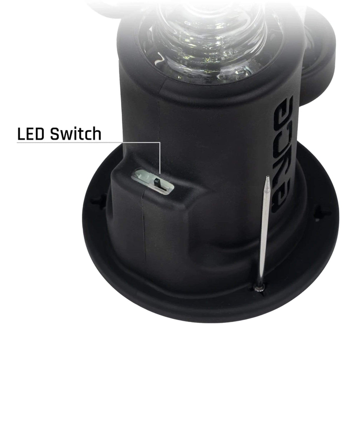 Eyce Spark Dab Rig in black with LED switch and showerhead percolator, top angle view