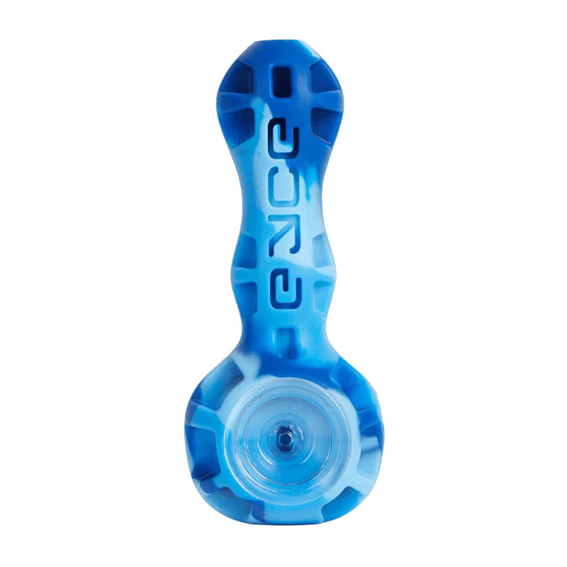 Eyce Spoon hand pipe in Blue Marble, silicone with borosilicate glass bowl, top view