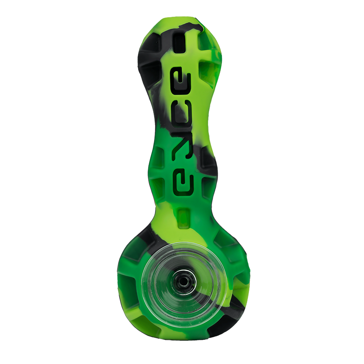 Eyce Spoon hand pipe in green and black silicone with borosilicate glass bowl, top view