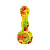 Eyce Spoon hand pipe in Rasta colors, made with durable silicone and borosilicate glass, front view