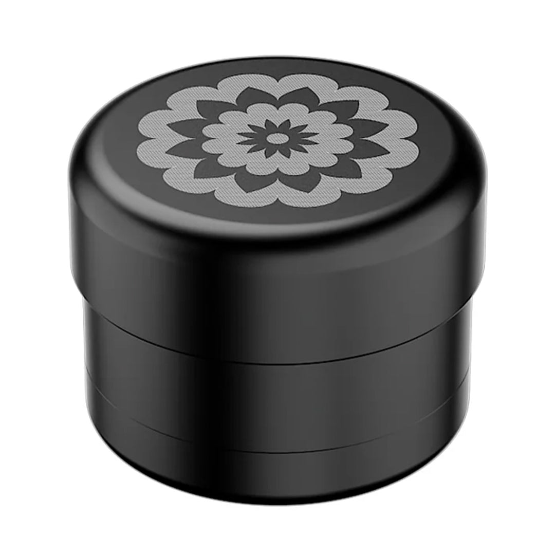Flower Mill 2" Premium Grinder in Black with Etched Floral Design - Top View