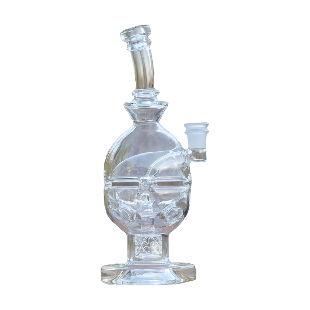 Calibear FAB EGG Dab Rig 8" with Seed of Life Perc, clear glass, outdoor side view
