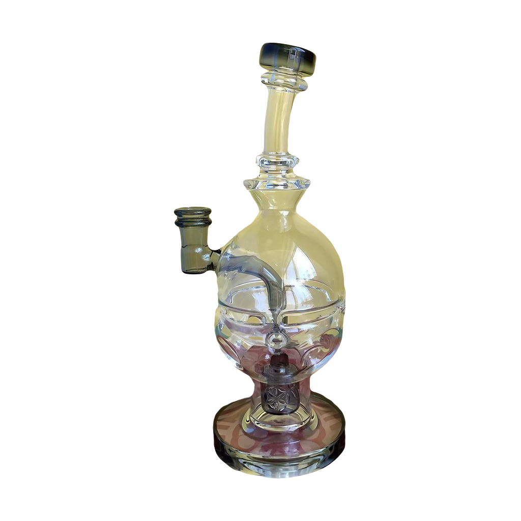 Calibear Fab Egg Dab Rig with clear glass and frosted accents, front view on patterned background