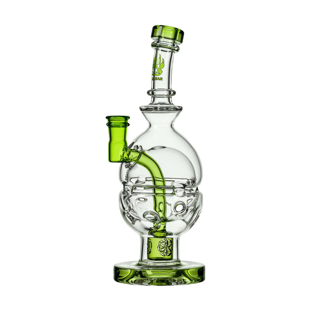 Calibear Fab Egg Dab Rig with green accents, clear frosted glass, 8" tall, front view