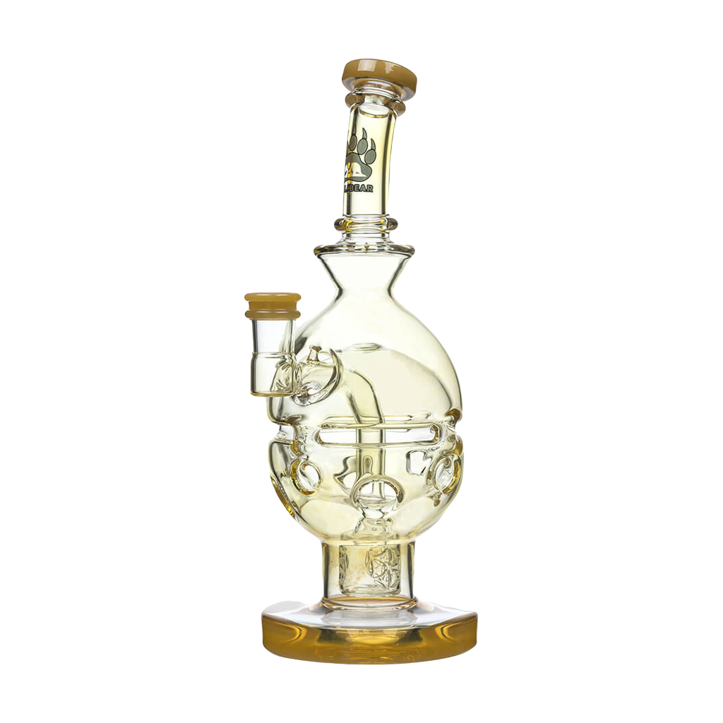 Calibear Fab Egg Dab Rig with intricate glasswork, clear with frosted accents, front view on white background