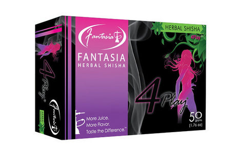 Fantasia Herbal Shisha 4 Play 50g pack, vibrant display box with flavor graphics