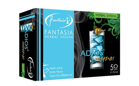 Fantasia Herbal Shisha Adios 50g pack, 10pk Display with vibrant packaging
