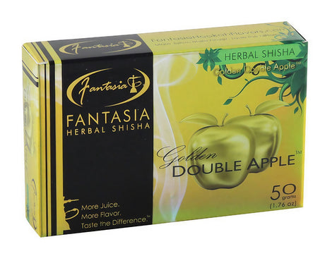 Fantasia Herbal Shisha 50g pack, Golden Double Apple flavor, front view on white background