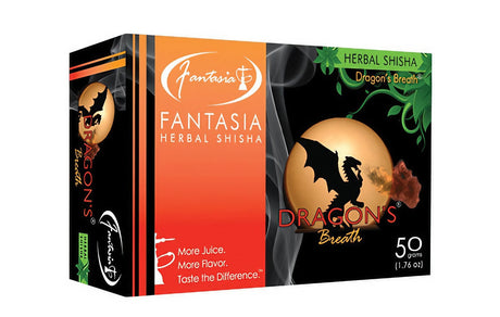 Fantasia Herbal Shisha Dragon's Breath 50g pack, vibrant display box with flavor imagery