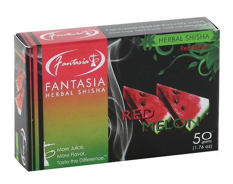 Fantasia Herbal Shisha Red Melon 50g box, front view, showcasing vibrant packaging and flavor