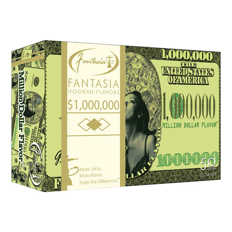 Fantasia Herbal Shisha 50g 10pk Display in Million Dollar Flavor with vibrant green packaging