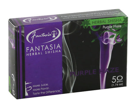 Fantasia Herbal Shisha Purple Haze flavor 50g box, front view, 10pk display for hookah smoking