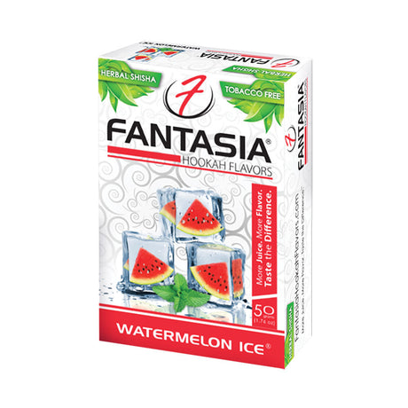 Fantasia Herbal Shisha 50g Watermelon Ice flavor, tobacco-free, front view of 10pk display box