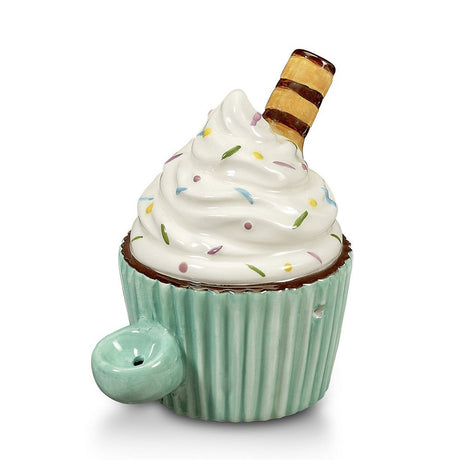 Fashioncraft Handpipe designed as a ceramic cupcake with sprinkles, front view on white background
