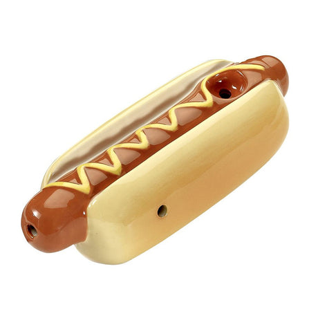 Fashioncraft Ceramic Handpipe designed like a hot dog, top view on white background