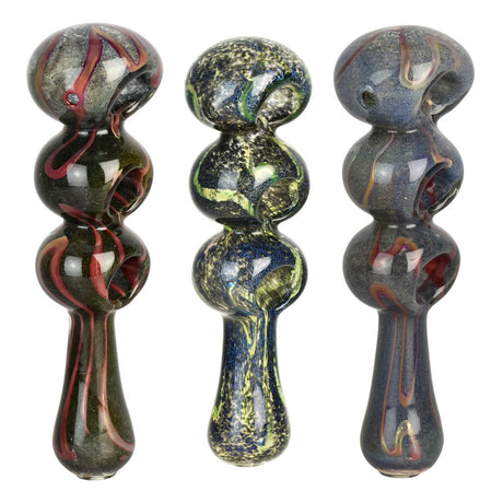 Fermion Skin Triple Bowl Spoon Pipes, Borosilicate Glass, Front View, For Dry Herbs